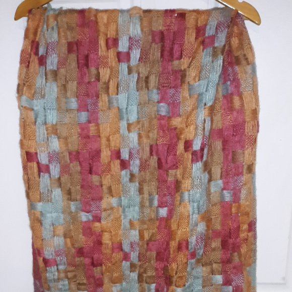 LIMITED TIME SALE: Beautiful Orange, Blue, and Burnt Red Blanket Scarf w/ Fringe - Picture 3 of 3